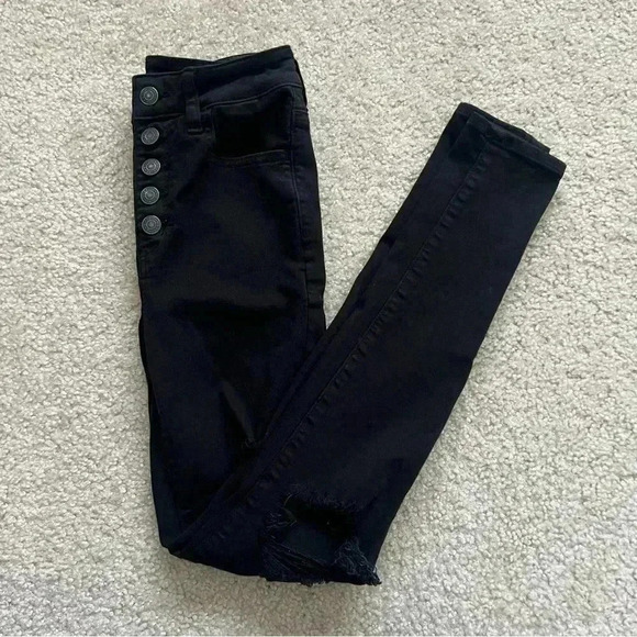 American Eagle Outfitters Button Super Hi Rise Jeggings Black Women’s Size 0 Reg - Picture 2 of 14
